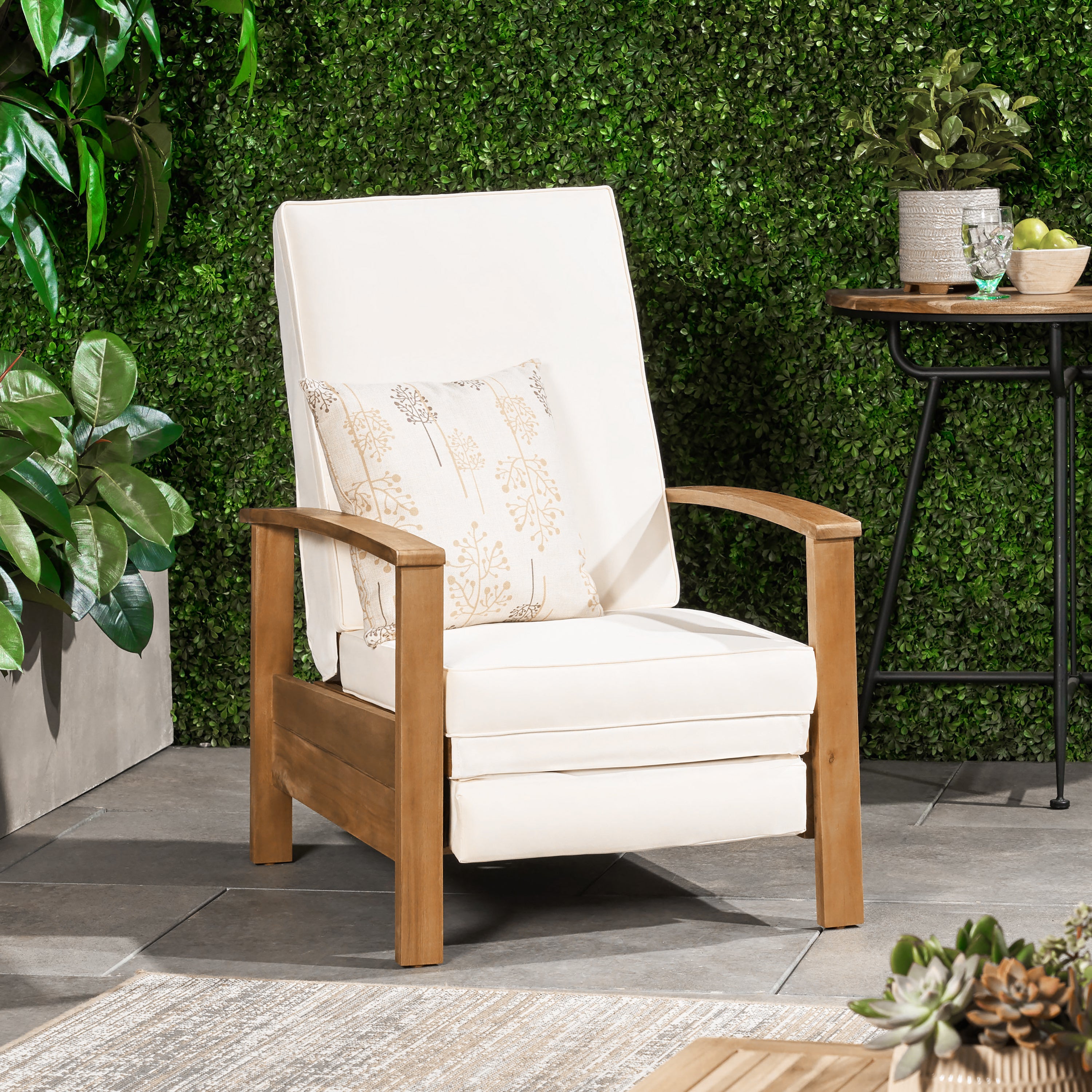 Mary Outdoor Acacia Wood Push Back Recliner with Cushion