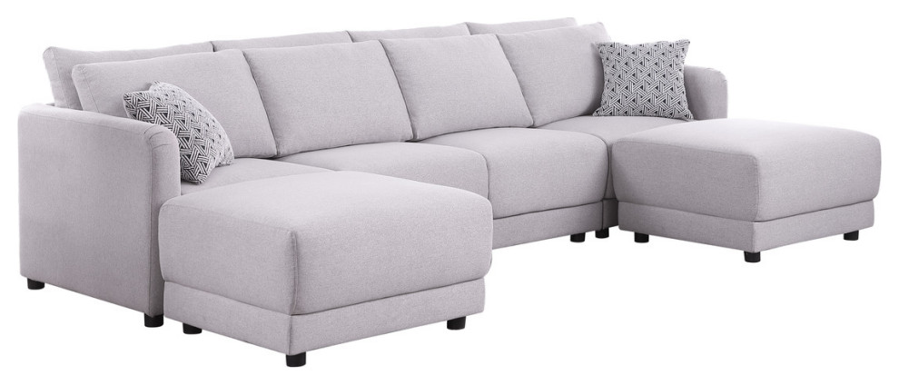 Penelope Light Gray Linen 4 Seater Sofa With 2 Ottoman and Pillows   Transitional   Sectional Sofas   by Kolibri Decor  Houzz