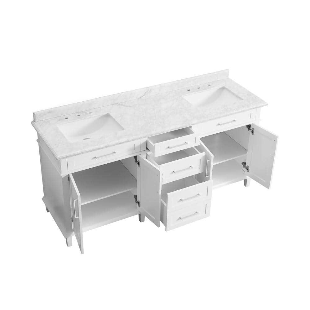 Home Decorators Collection Sonoma 72 in W x 221 in D x 343 in H Freestanding Bath Vanity in White with Carrara Marble Marble Top