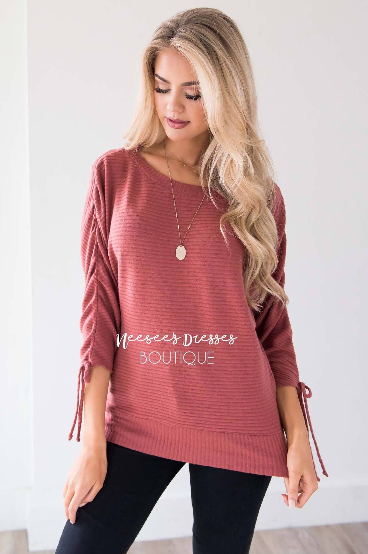 Marsala Ruched Sleeve Sweater