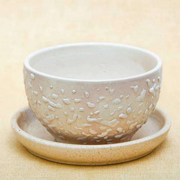 4.4 inch (11 cm) CP015 Embossed Bowl Round Ceramic Pot With Plate (Beige)