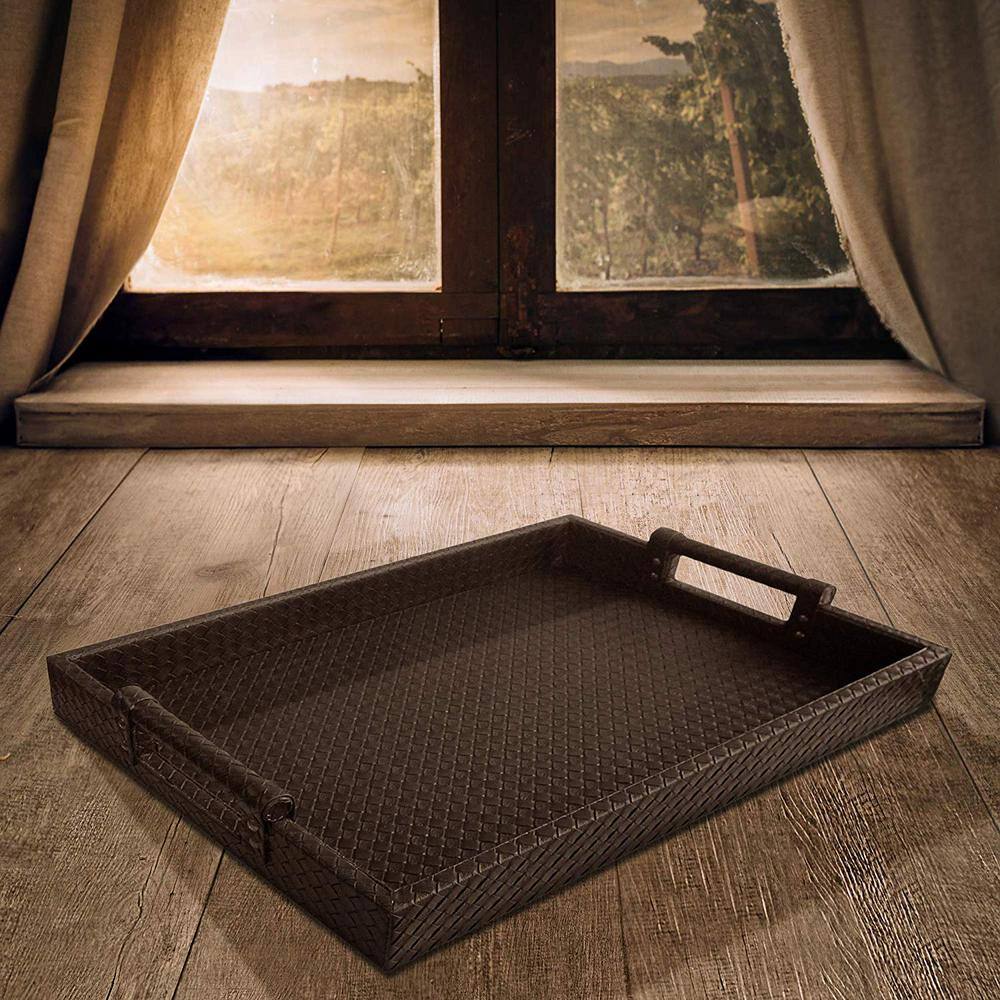 American Atelier 19 in. x 2 in. x 14 in. Brown Faux Leather and Polypropylene Rectangle Serving Tray with Handles 1181196