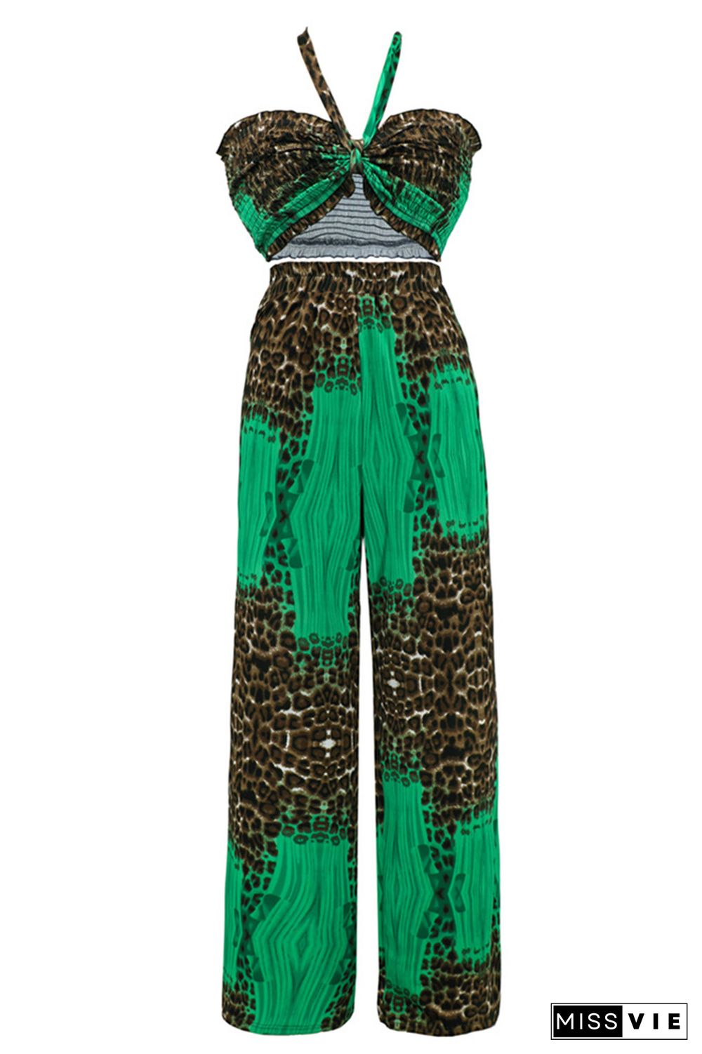 Halter Neck Tube Top and Wide Leg Pants Leopard 2PCS Set