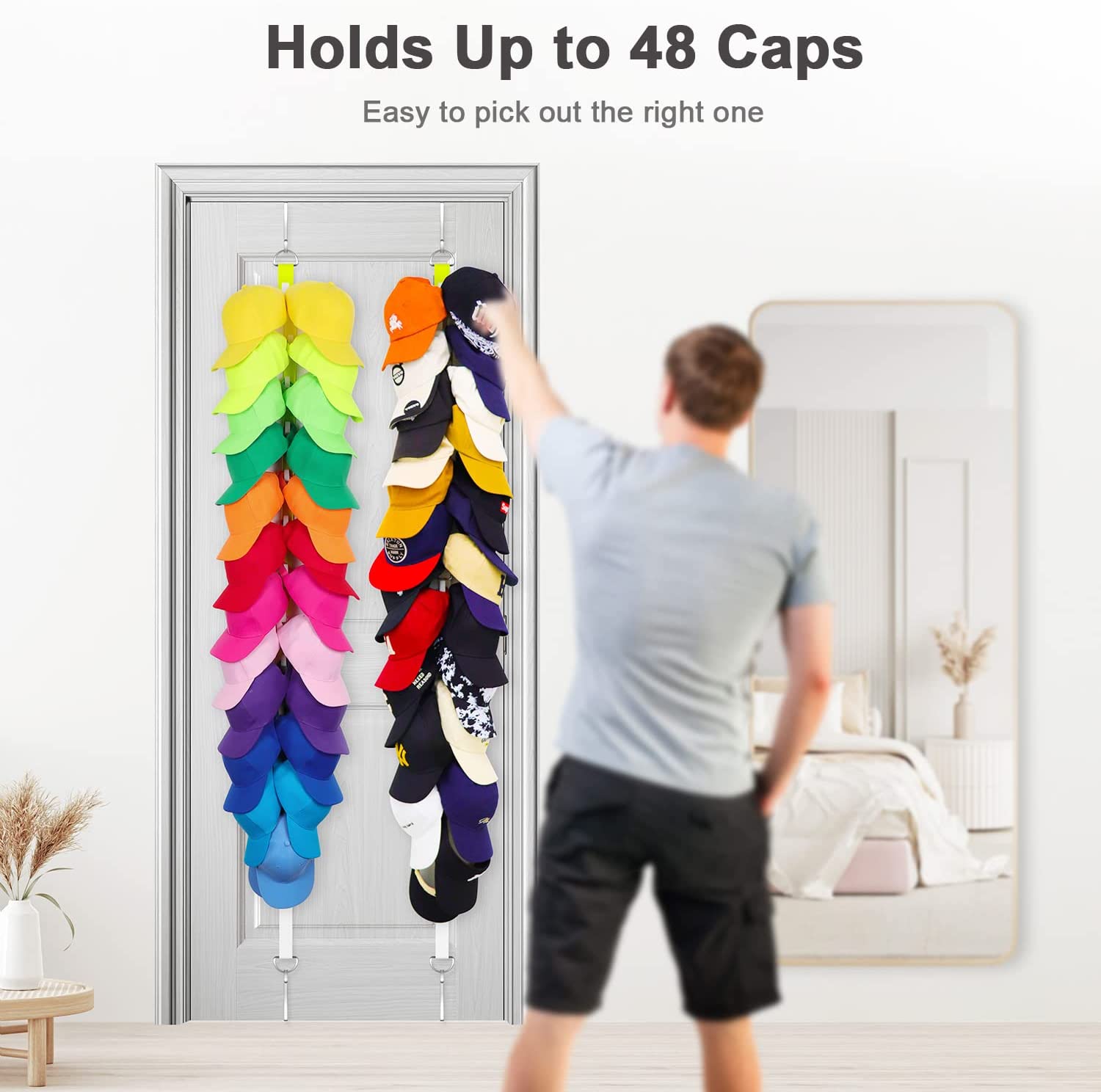 Feiger Hat Rack for Baseball Caps， Hat Organizer， Hat Storage Over The Door Holds Up to 48 Caps， Hat Holder with 2 Straps， 24 Hooks for Hats， Scarf， Belt， Jewelry， Purse