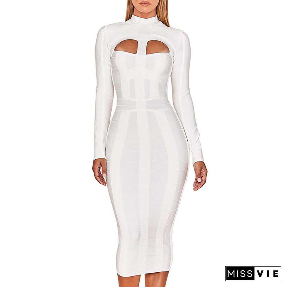 Women White Bandage Dress Bodycon New Arrivals Sexy Cut Out High Neck Long Sleeve Party Rayon Bandage Midi Dress