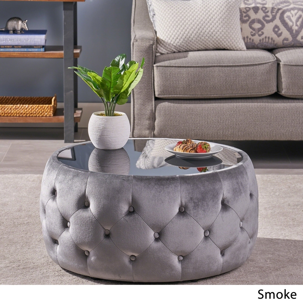 Ivy Glam Velvet and Tempered Glass Coffee Table Ottoman  Smoke  Black