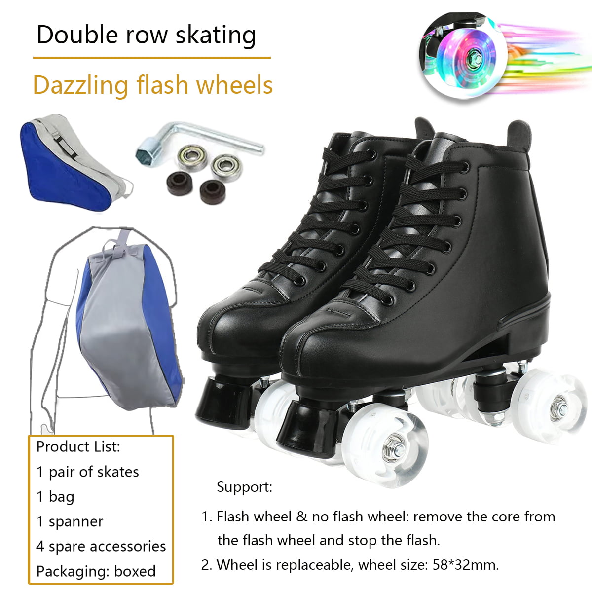 Black Roller Skates， High-Top Design， Leather Roller Artistic with Double-Row Shiny Wheels for Women and Men， Size 9.5