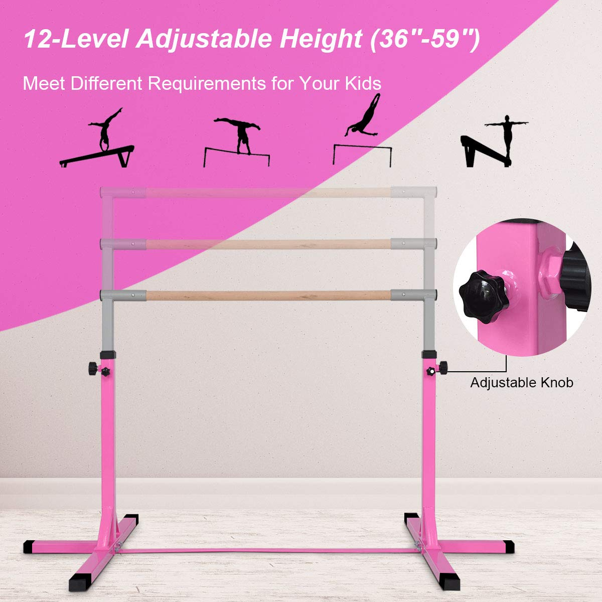 Gymnastic Training Bar, 3' to 5' Height Adjustable 1-4 Levels Exercise Kip Bar