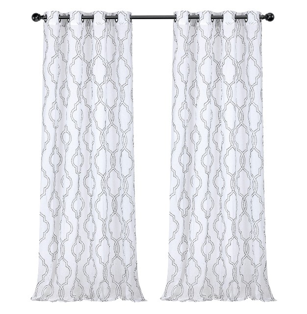 Kate Aurora Montauk Accents 2 Piece Gray amp White Lattice Embroidered Grommet Top Sheer Curtain Panels