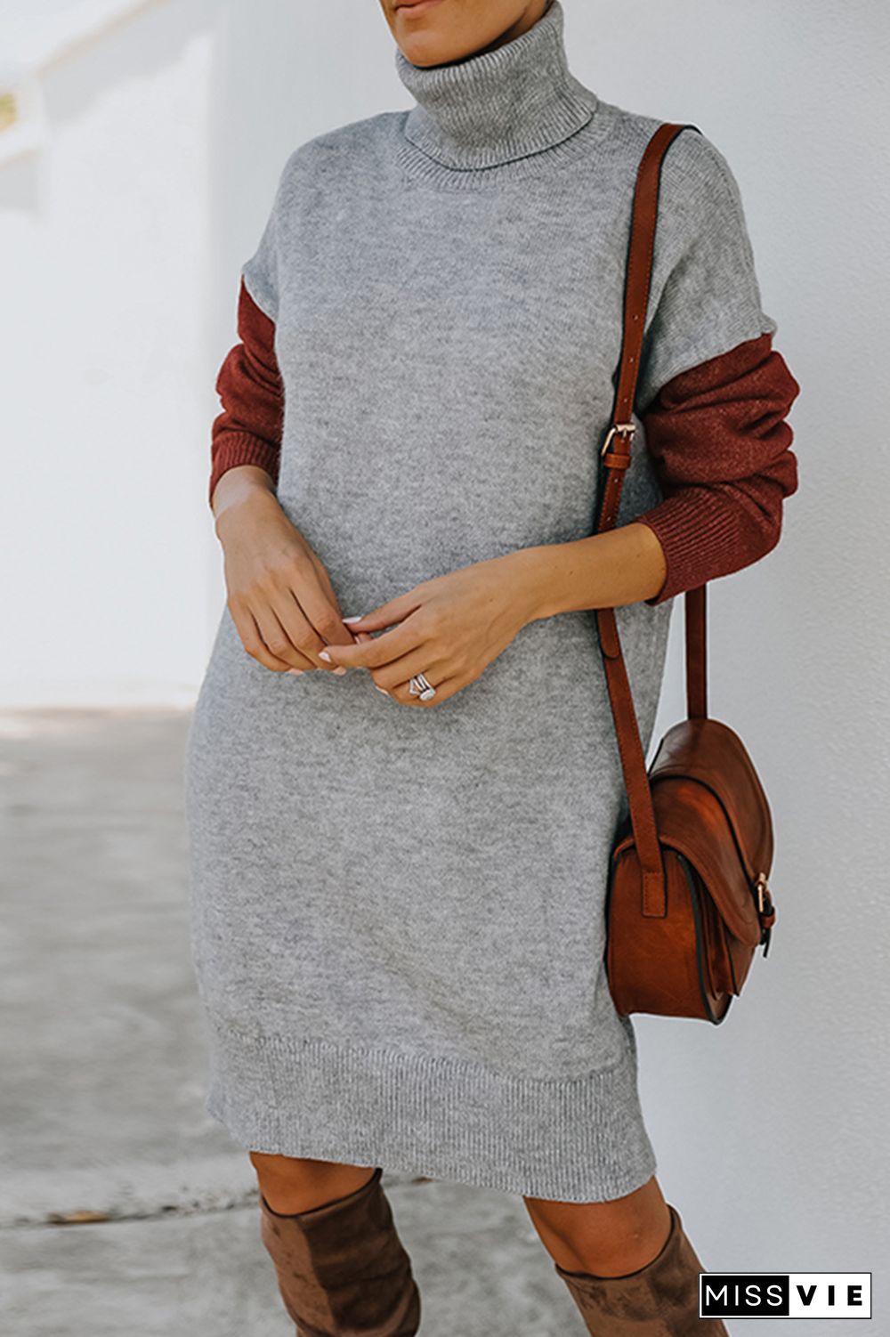 High Collar Knit Long Sleeve Sweater Dress Women Wholesale