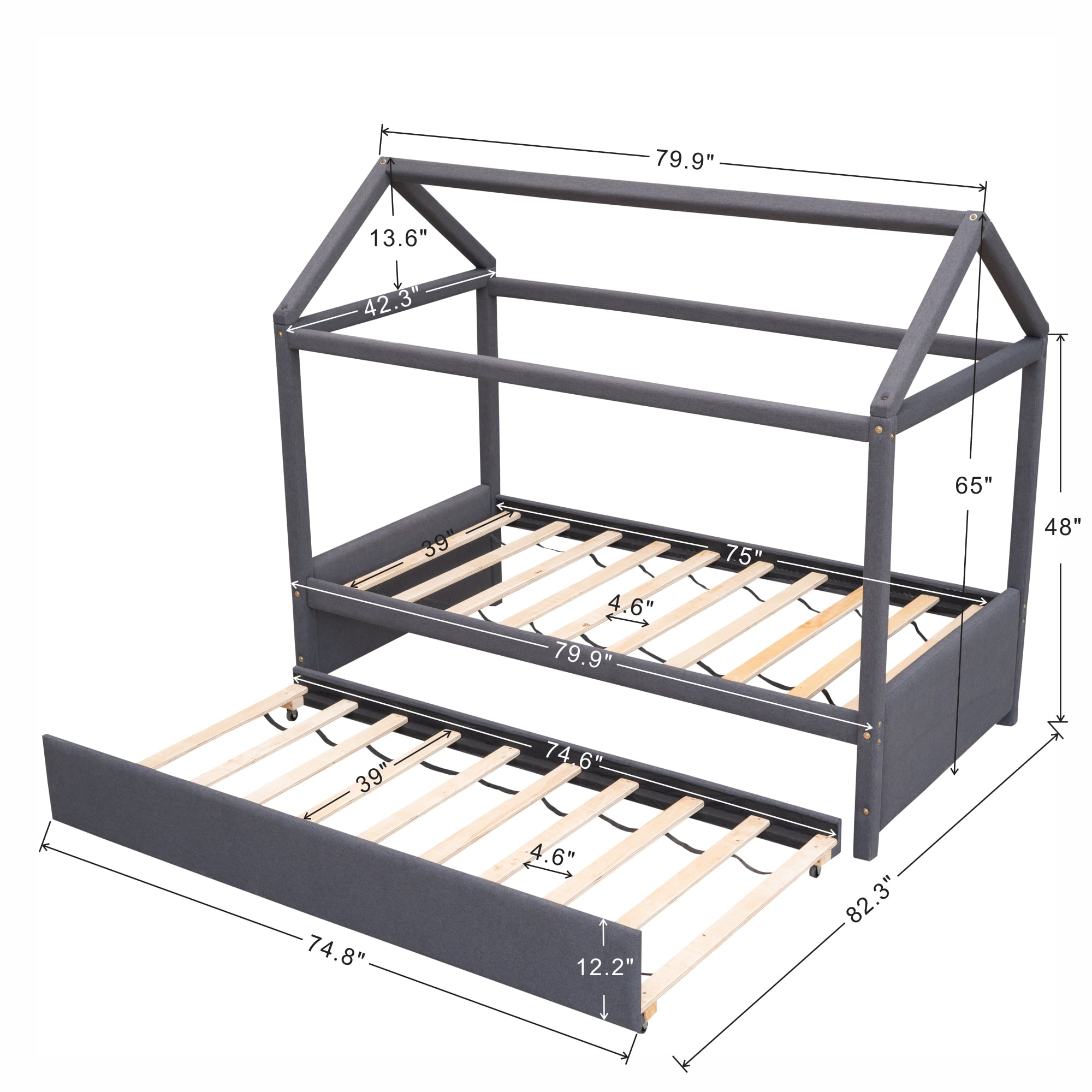 Twin Upholstery House Platform Bed with Trundle for Kids, Gray