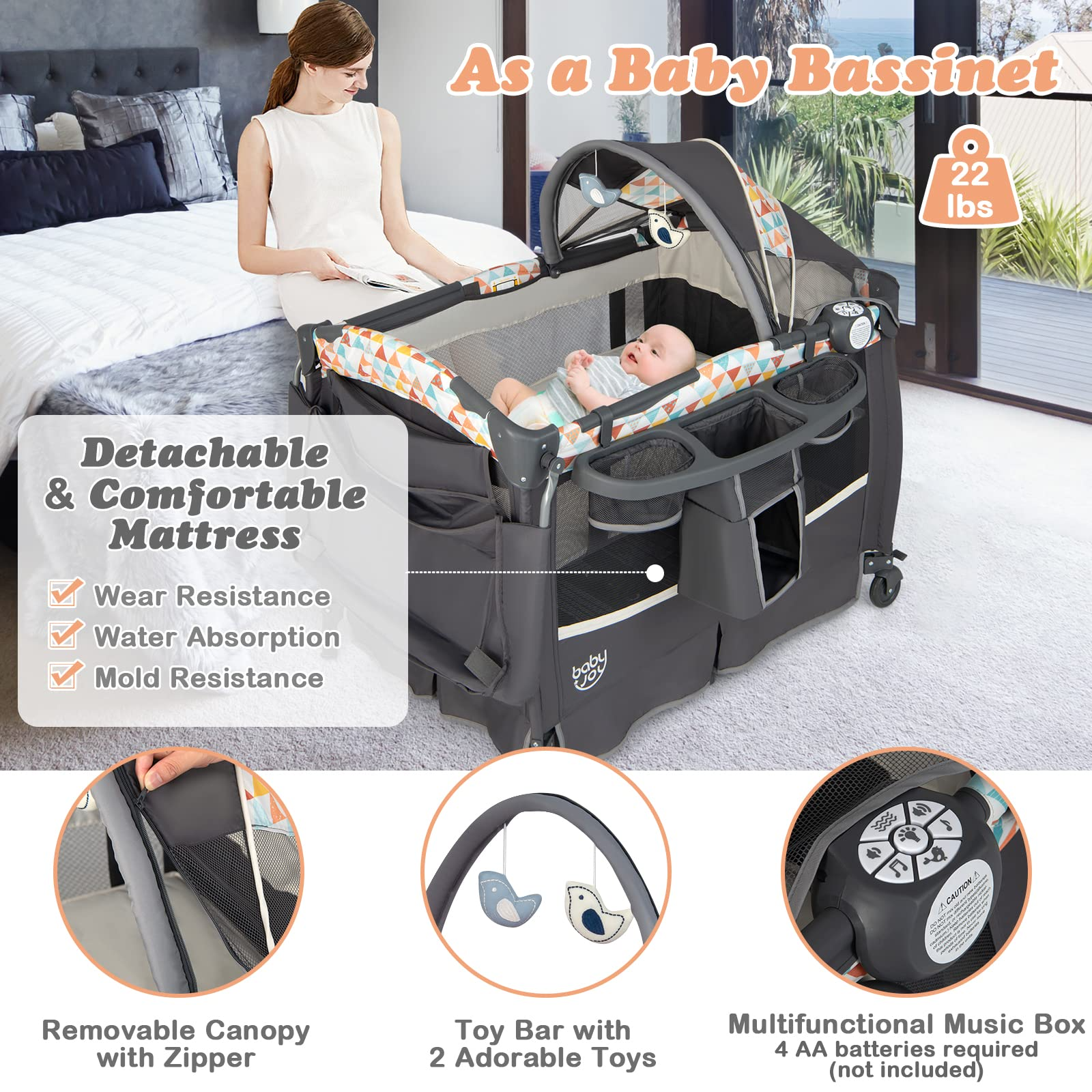 Costzon 4 in 1 Pack and Play, Portable Baby Playard with Bassinet & Flip-Away Changing Table