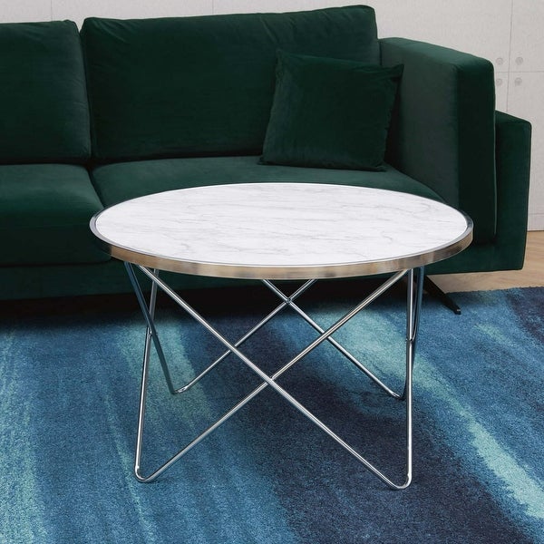 Margo Small Round Faux White Carrara Marble Coffee Table， White