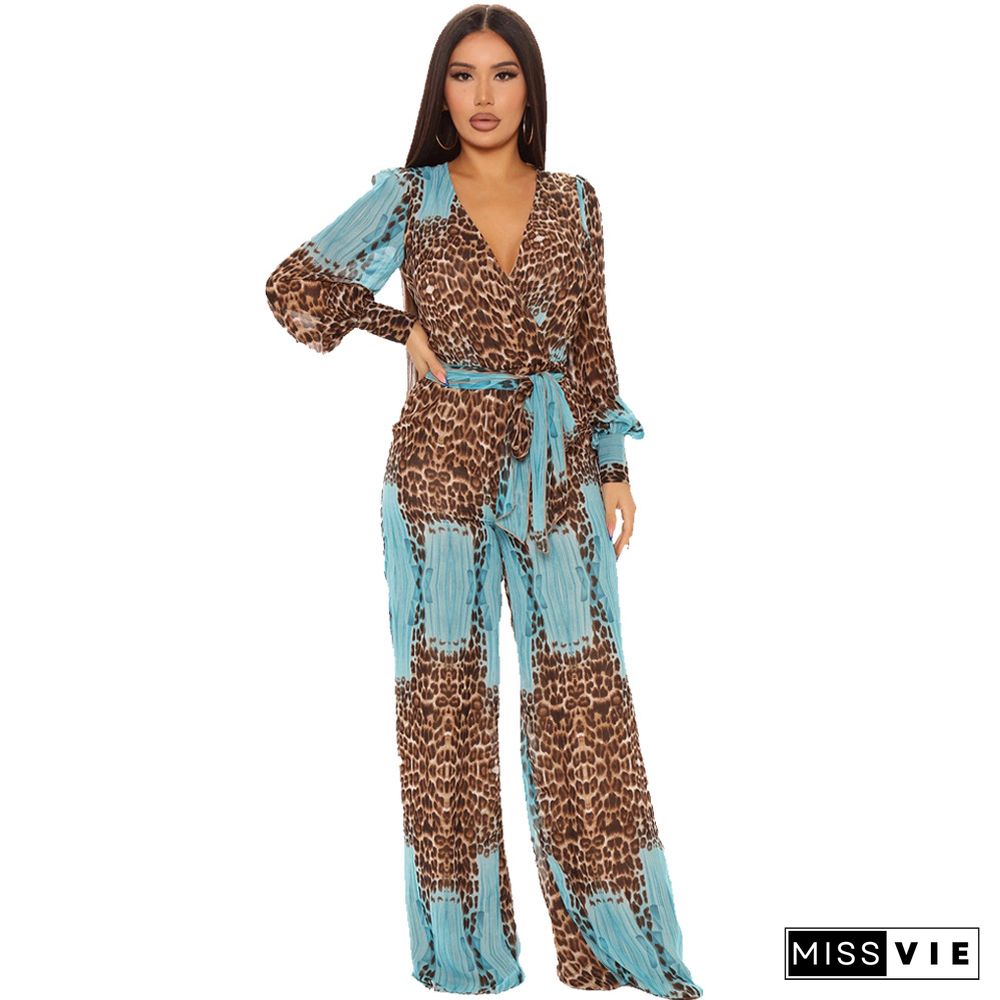 Sexy Leopard Belt Fashion Digital Printing Long V-neck Chiffon Jumpsuit