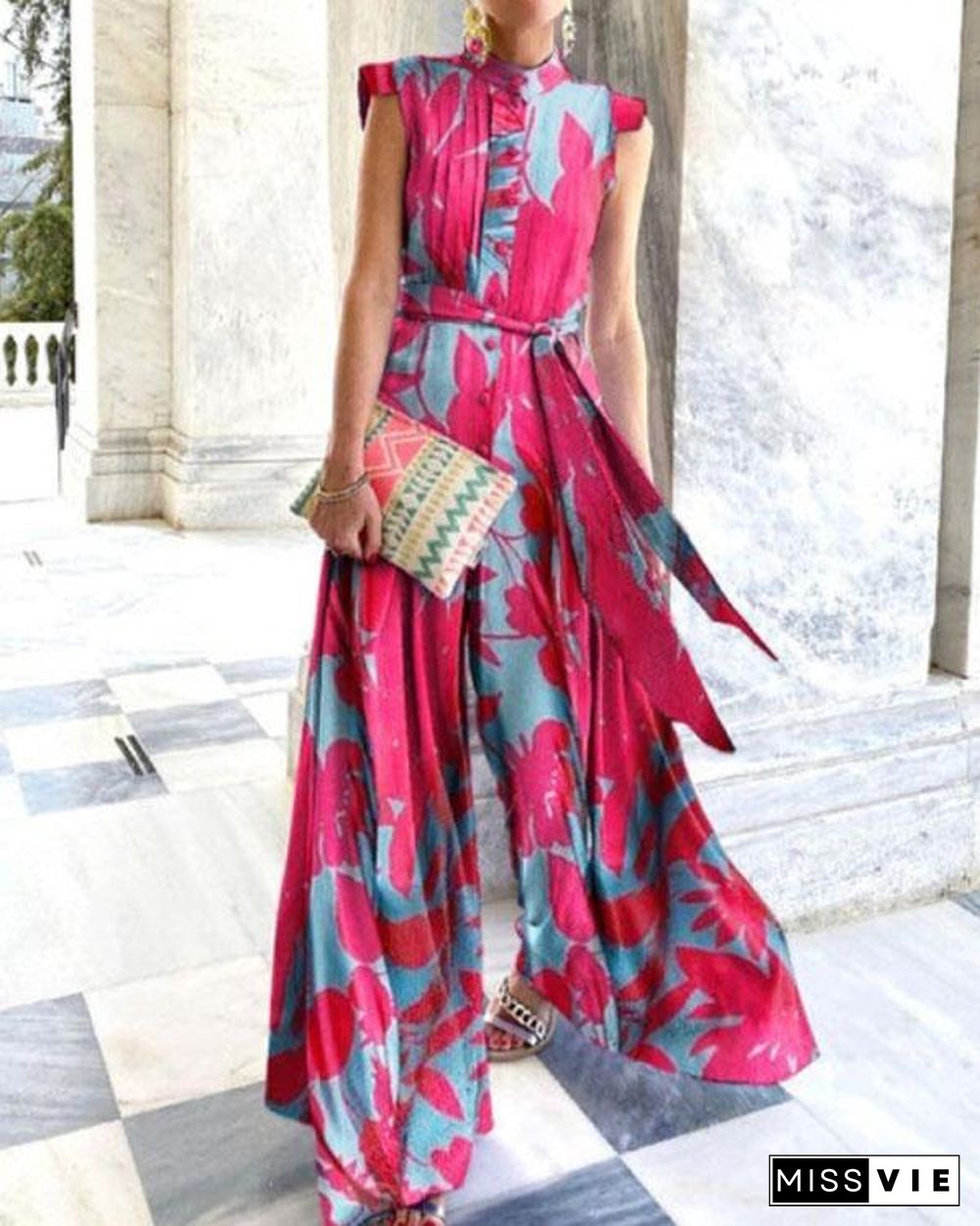 Women Elegant Print Button Tie Waist Belted Wide Leg Jumpsuit