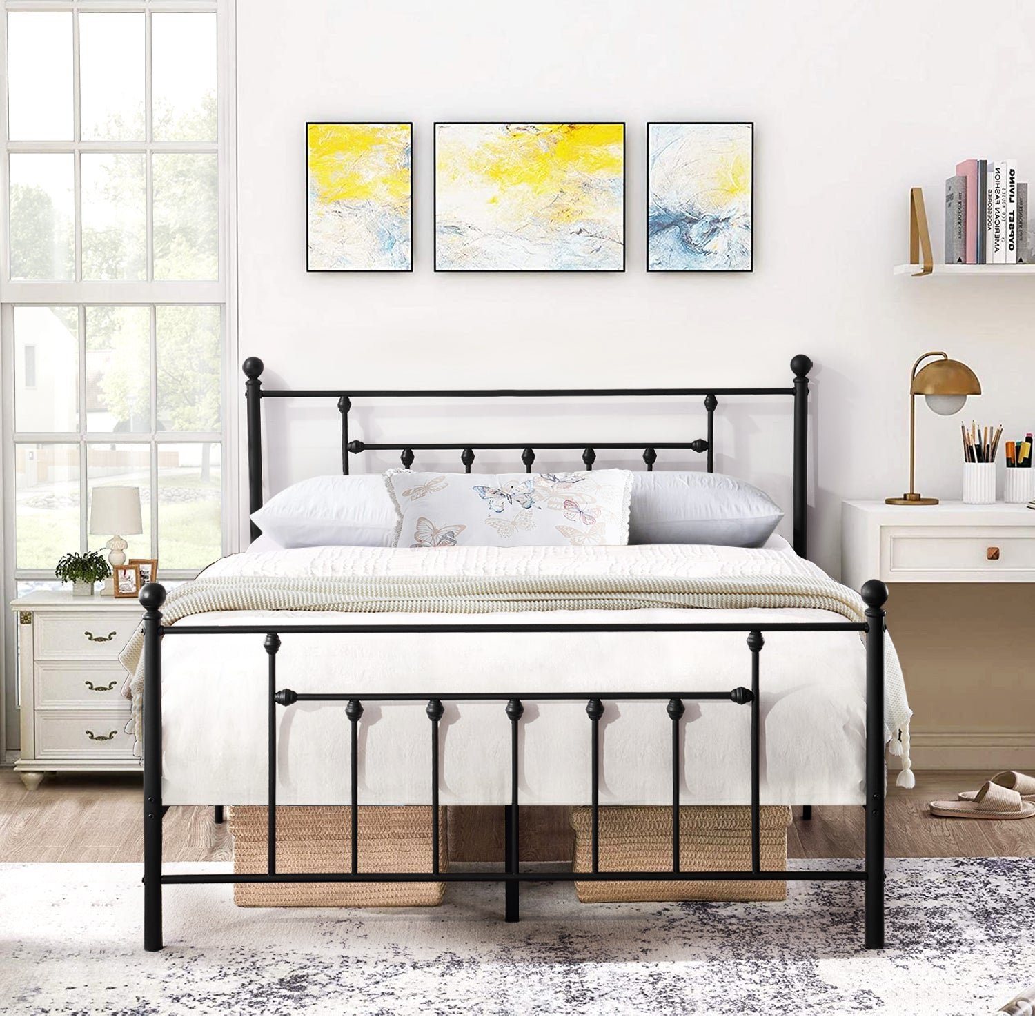 VECELO Metal Bed Platform Frame with Headboard and Footboard, Mattress Foundation, Queen Size, Black