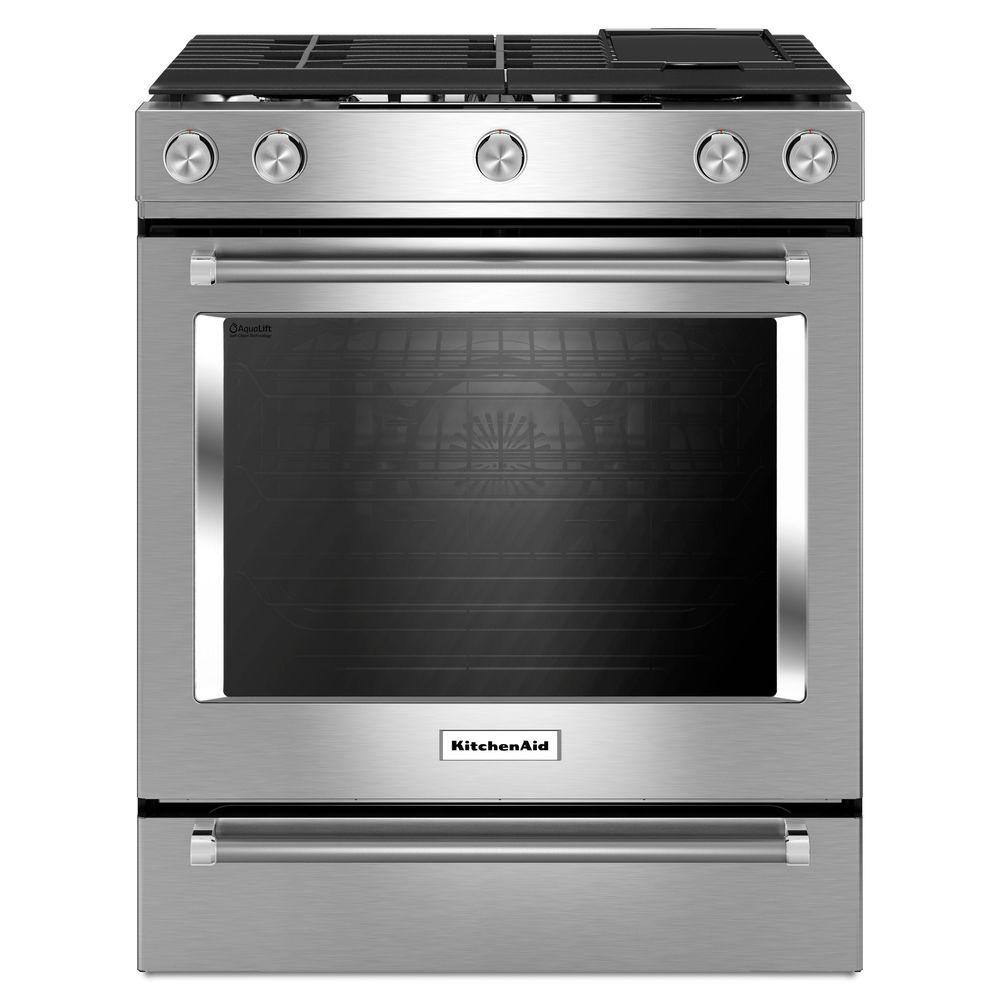 KitchenAid 6.5 cu. ft. Slide-In Gas Range with Self-Cleaning Convection Oven in Stainless Steel KSGB900ESS