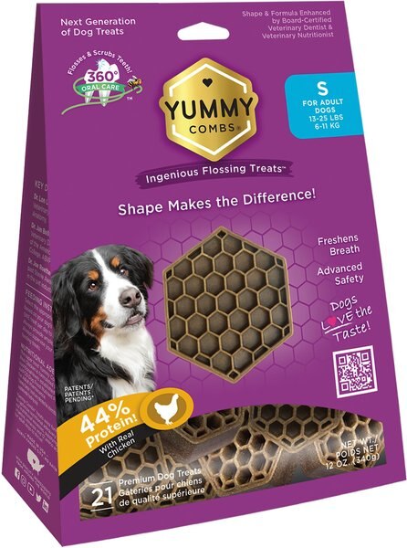 Yummy Combs Ingenious Oral Care Flossing Small Breed Grain-Free Adult Dog Treats， 21 count