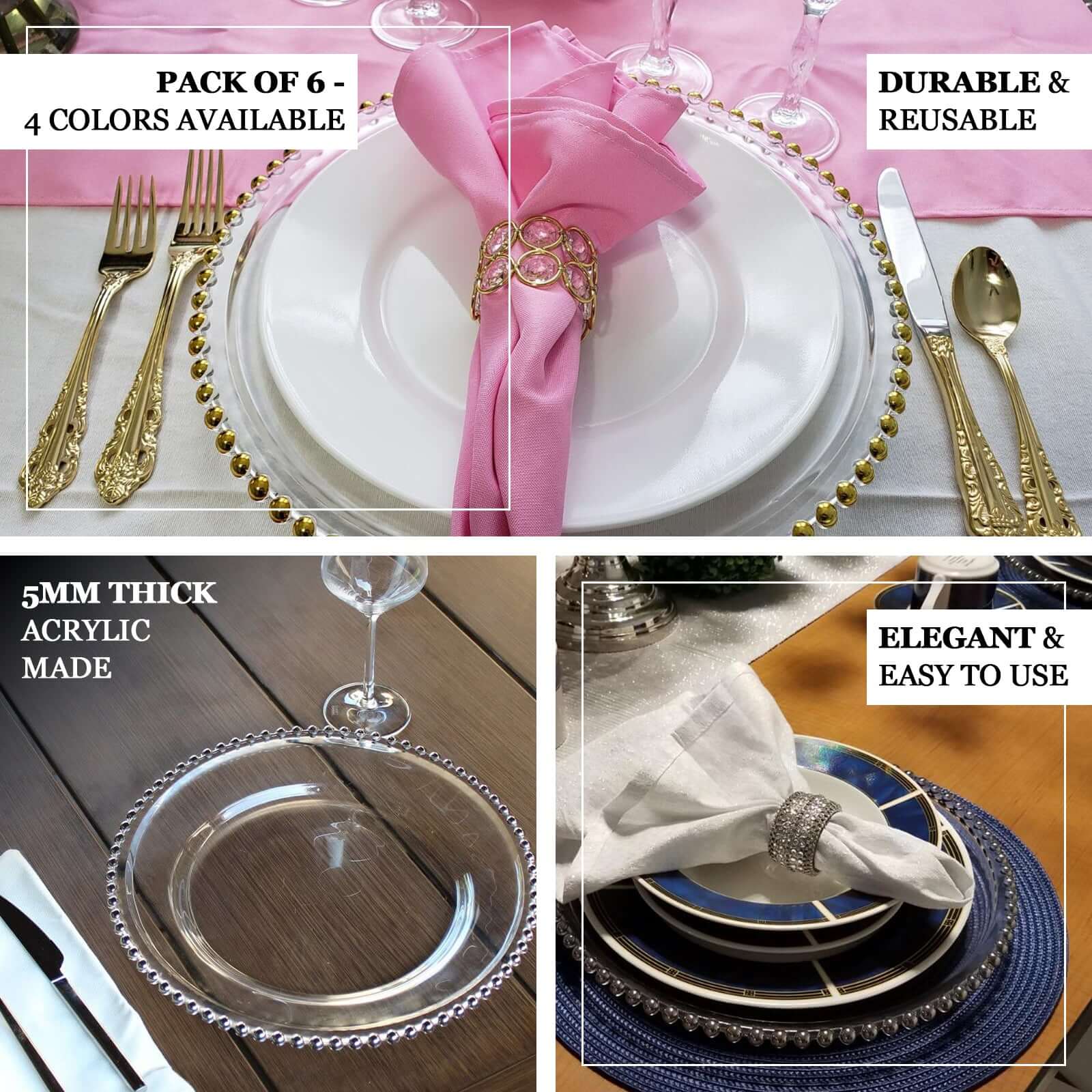 6 Pack Clear Gold Acrylic Plastic Charger Plates With Gold Beaded Rim - 13