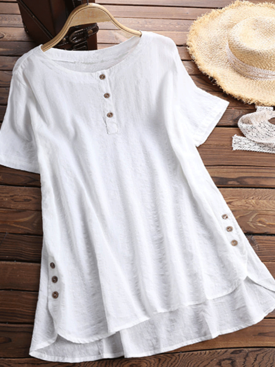 Round Neck Short Sleeve Button Blouse