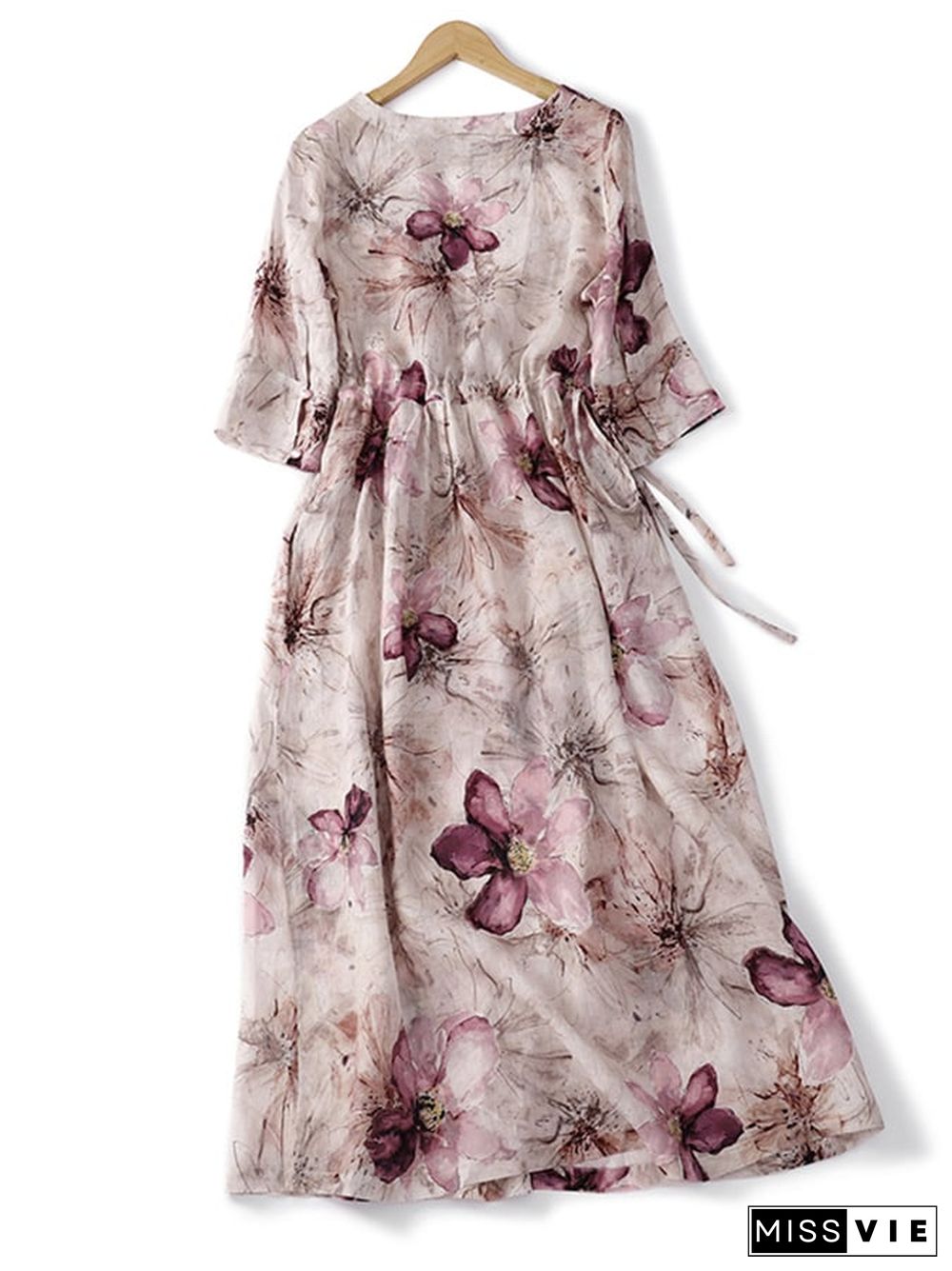 Cotton and Linen Tie Floral Dress