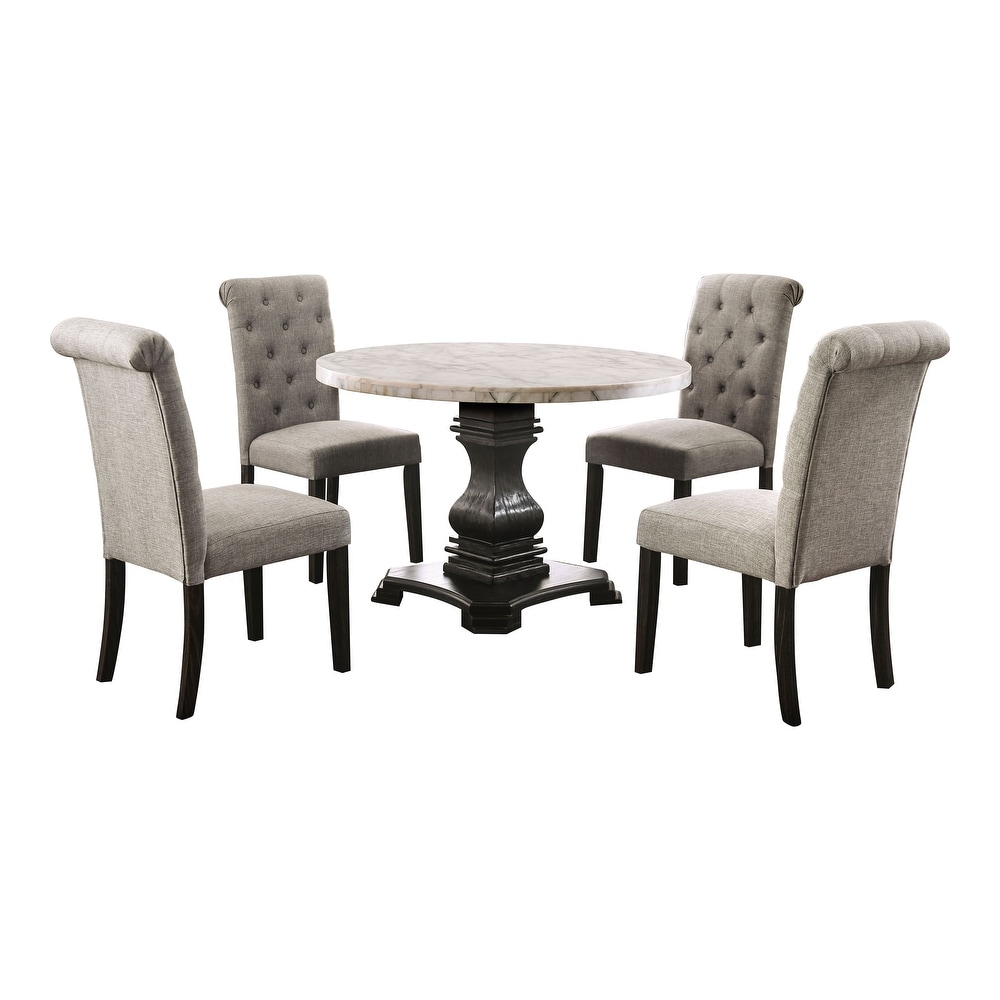 Brec Rustic Marble Top 5 Piece Round Dining Table Set with Tufted Chairs by Furniture of America