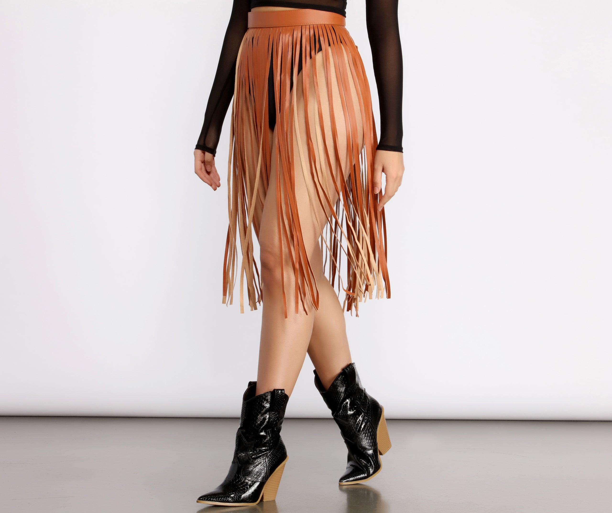 Rockin' Hun' Faux Leather Fringe Belted Skirt