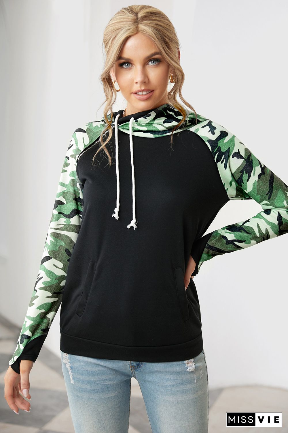 Camouflage Print Raglan Sleeve Hoodie