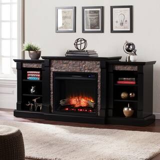 Southern Enterprises Nordena 71.75 in. Touch Panel Electric Fireplace in Satin Black with Black River Faux Stone HD053639