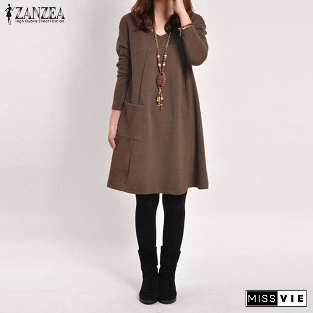 Women V Neck Long Sleeve Casual Loose Tops Shirt Jumper Dress Plus Size