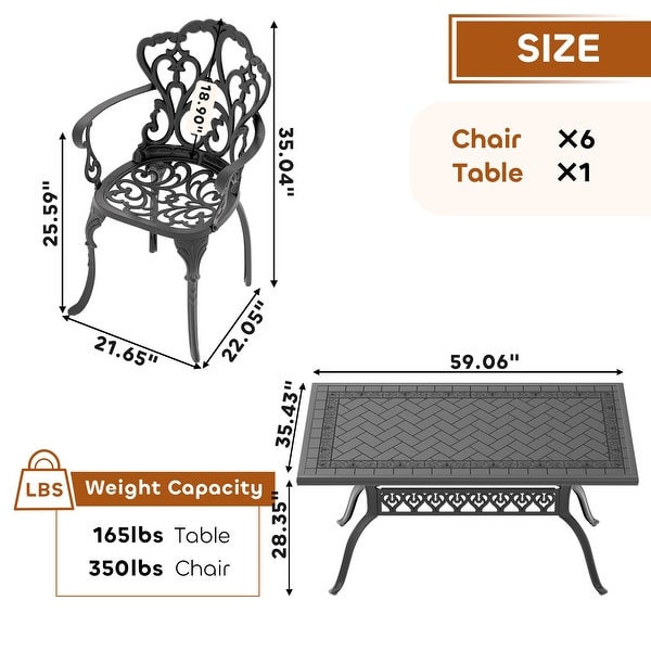 5/7Piece Cast Aluminum Outdoor Dining Set with 59.06'' L X 35.43'' W Rectangular Table and Random Color Seat Cushions