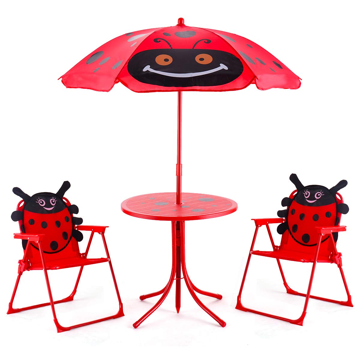 Costzon Kids Table and 2 Chair Set, Ladybug Folding Picnic Table Set with Removable Umbrella for Indoor Outdoor Garden Patio