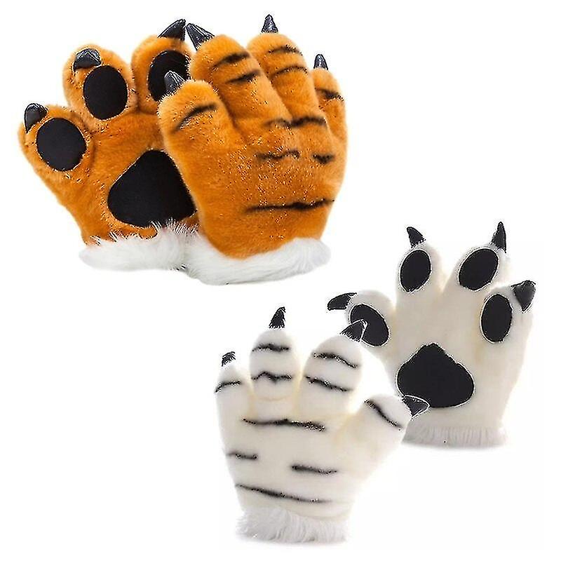 Simulation Tiger Paw Plush Gloves Striped Fluffy Animal Stuffed Toys Padded Hand Warmer Cosplay Costume Mitten