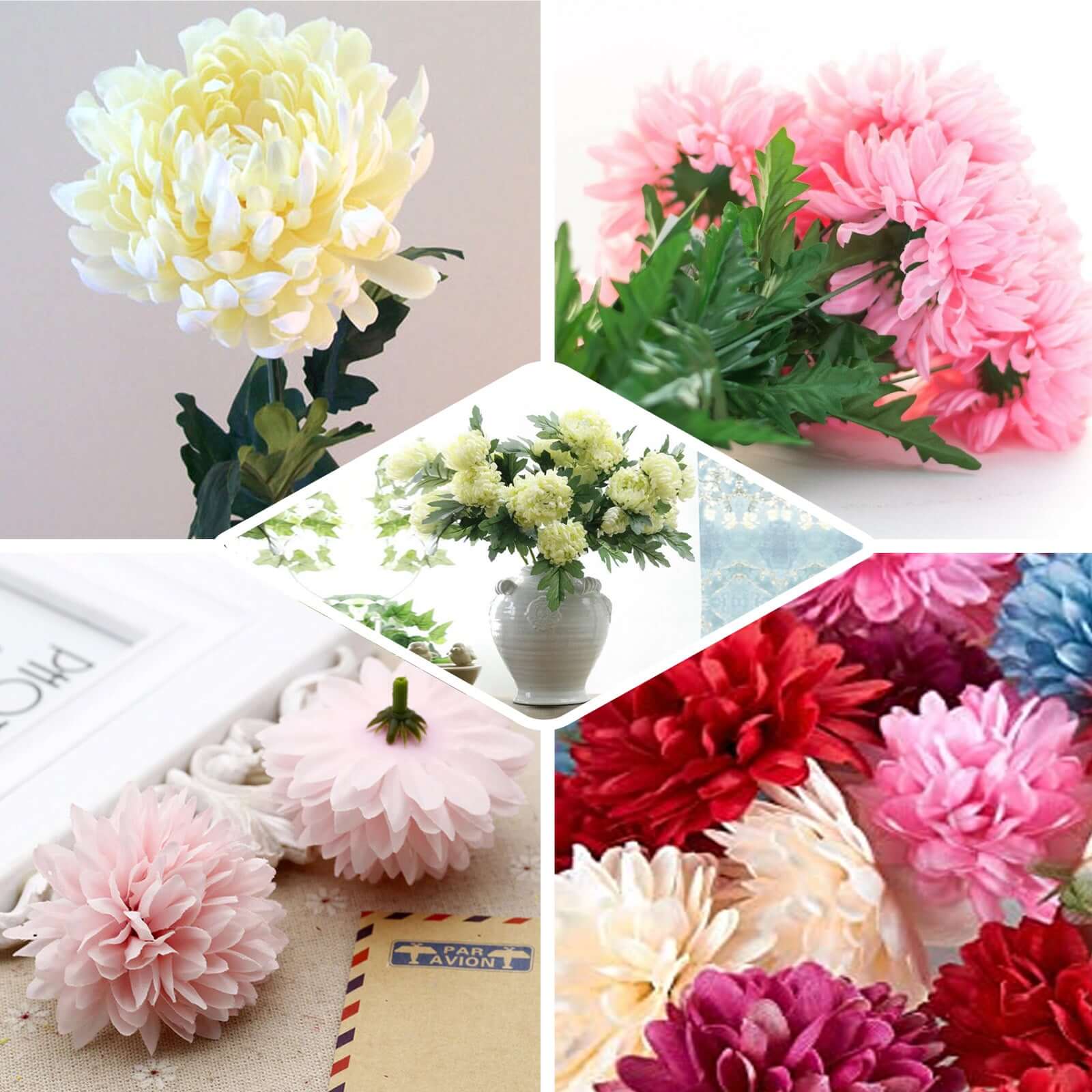 4 Bushes Fuchsia Artificial Silk Chrysanthemums 56 Faux Flowers