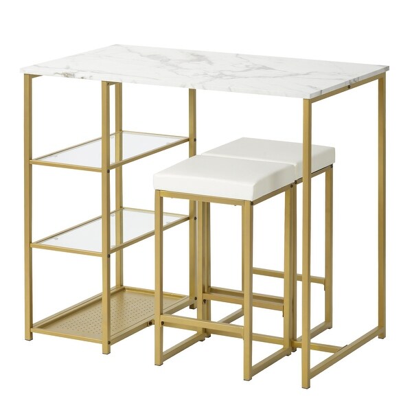 3-piece Modern Pub Set with Faux Marble Countertop and Bar Stools， White and Gold