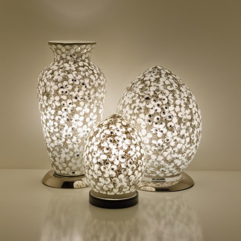 Britalia 880424 White Flower Mosaic Glass Vintage Egg Table Lamp 30cm