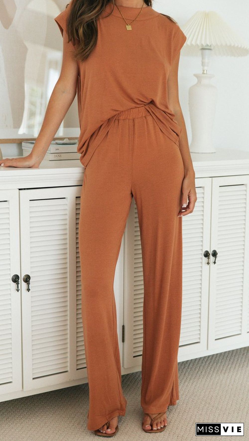 Brown Muscle Tee and Pants Matching Sets