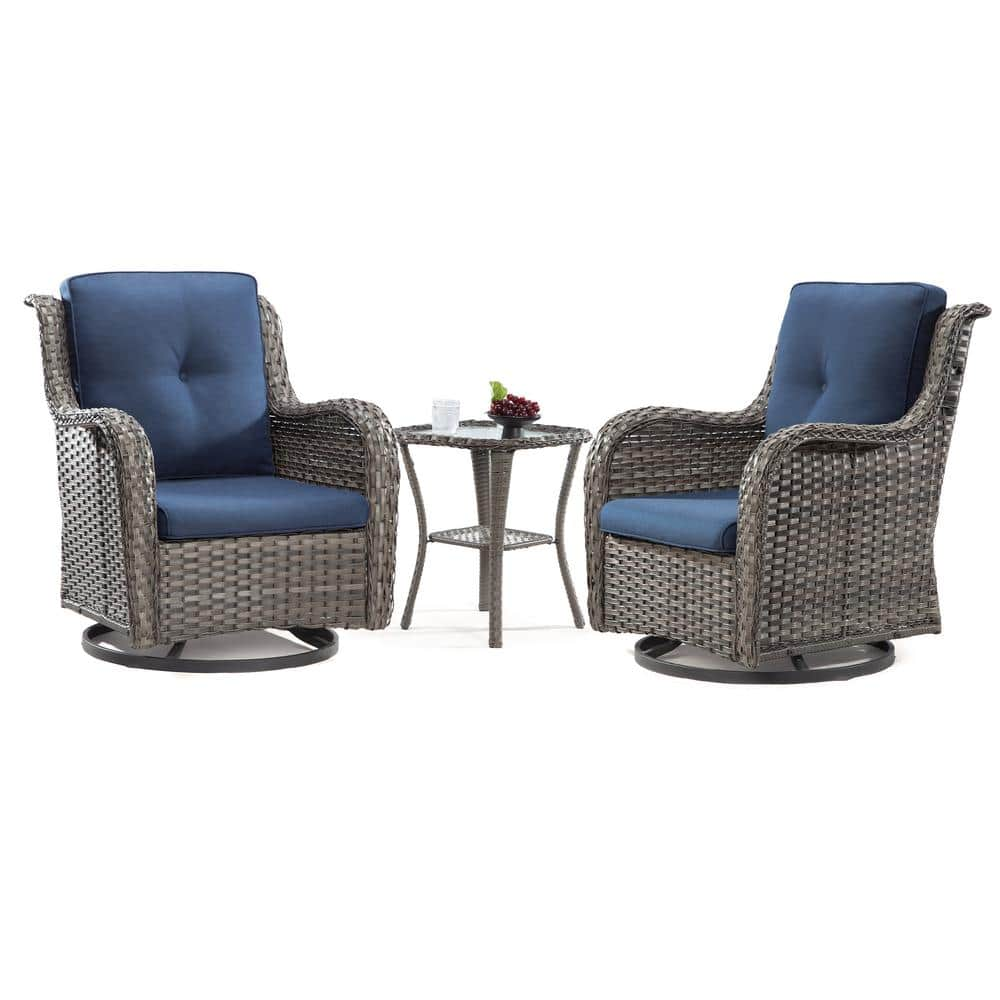 JOYSIDE 3-Piece Wicker Patio Conversation Set with Blue Cushions All-Weather Swivel Rocking Chairs O3PC-M01-BLUE