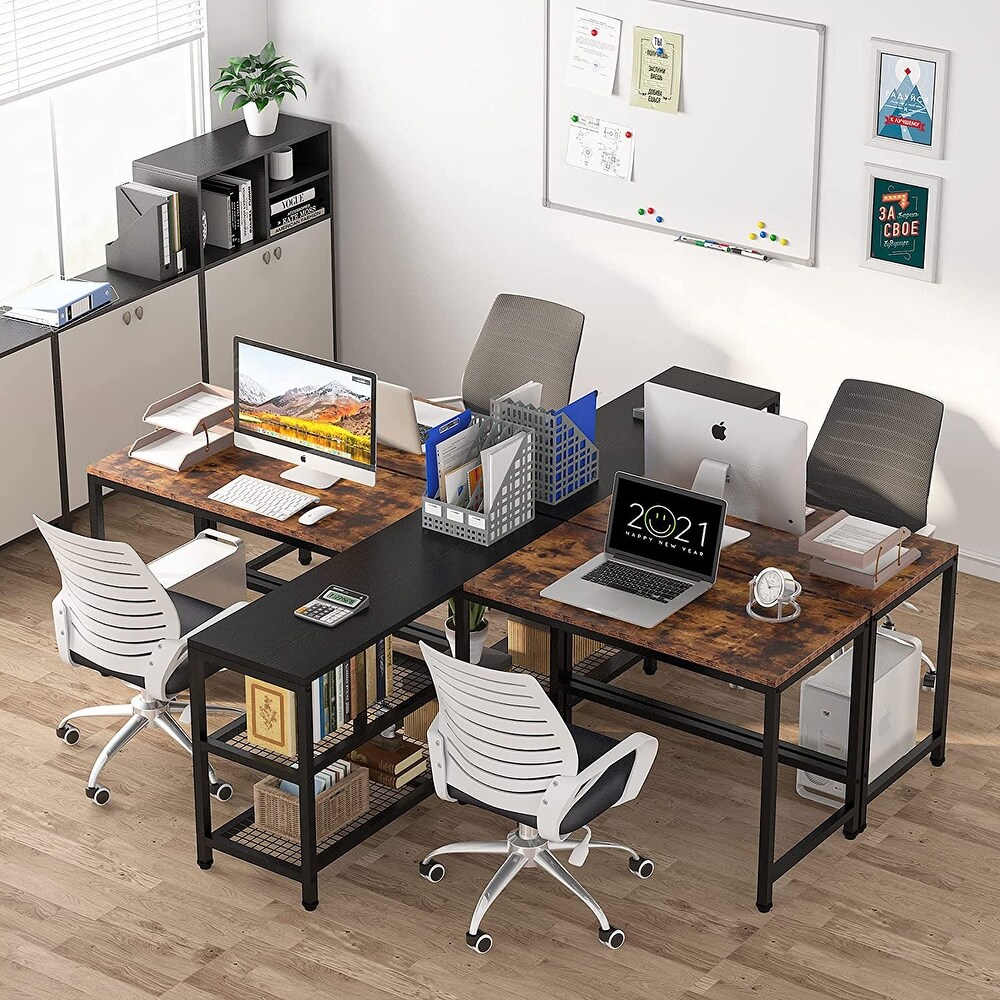 94.5 inch Double Computer Desk with Storage Shelves  Two Person Desk