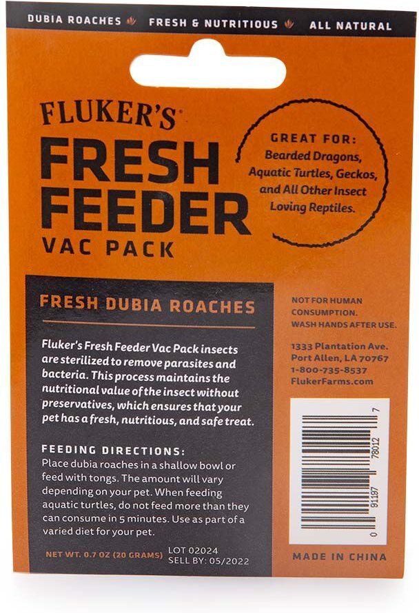 Fluker's Fresh Feeder Vac Pack Dubia Roaches Reptile Food， 0.7-oz bag