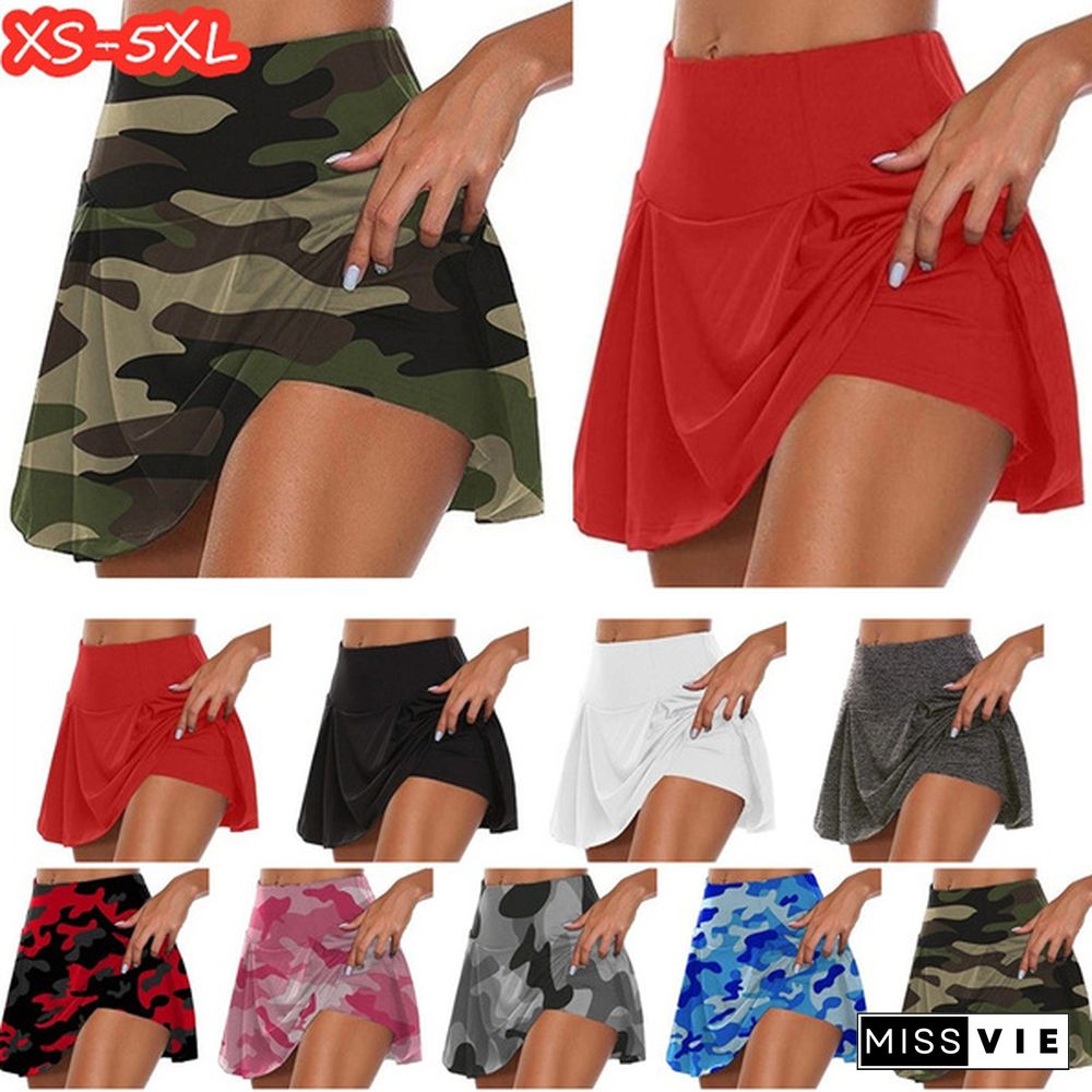 New Summer Women Camouflage Print Double-Layer Athletic Short Skirt Fitness Yoga Skirt Shorts Badminton Breathable Quick Drying Skirts Anti Exposure Tennis Skirt