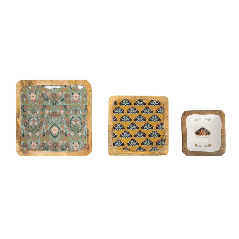 Enameled Wood Trays with Moths and Florals   6.3\