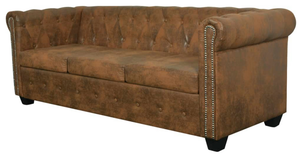 vidaXL Sofa 3 Seater Couch Settee Furniture with Tufted Arms Brown Faux Leather   Sofas And Sectionals   by VirVentures  Houzz