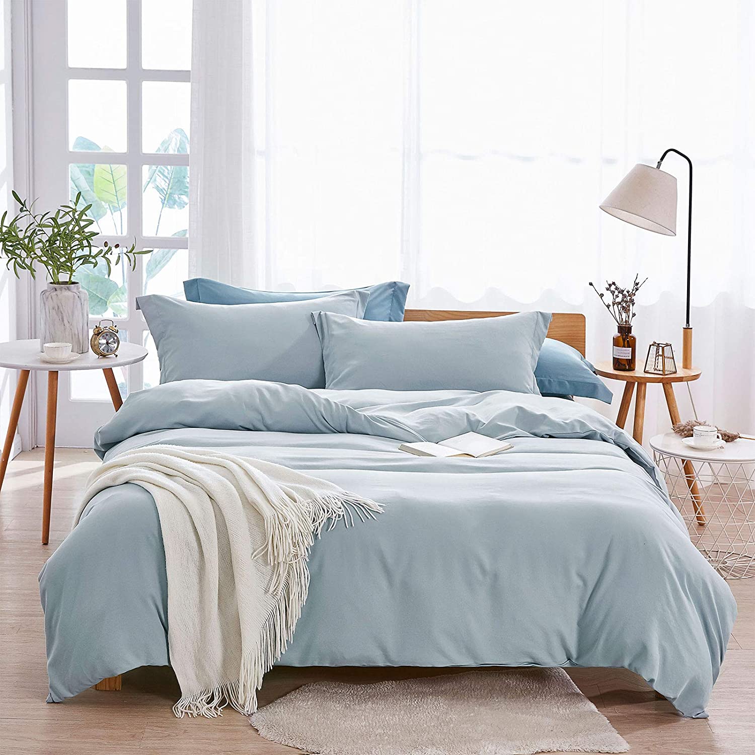 Dreaming Duvet Cover Set 100% Washed Microfiber 3 pcs Solid Color - Soft and Breathable with Zipper Closure & Corner Ties