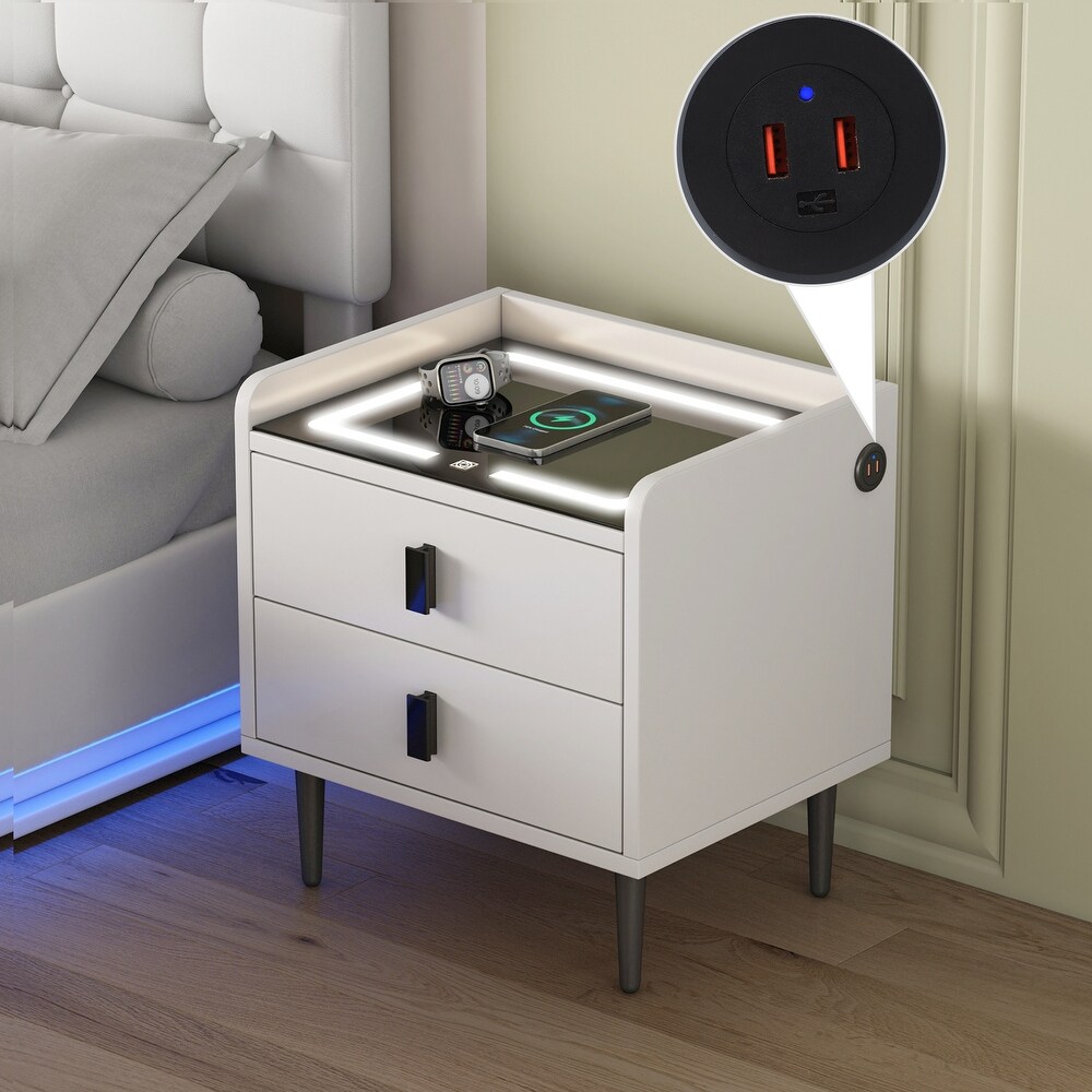 Modern Nightstand with Wireless Charging Station USB Charging and Adjustable LED Lights Bedside Table End Table Side Table