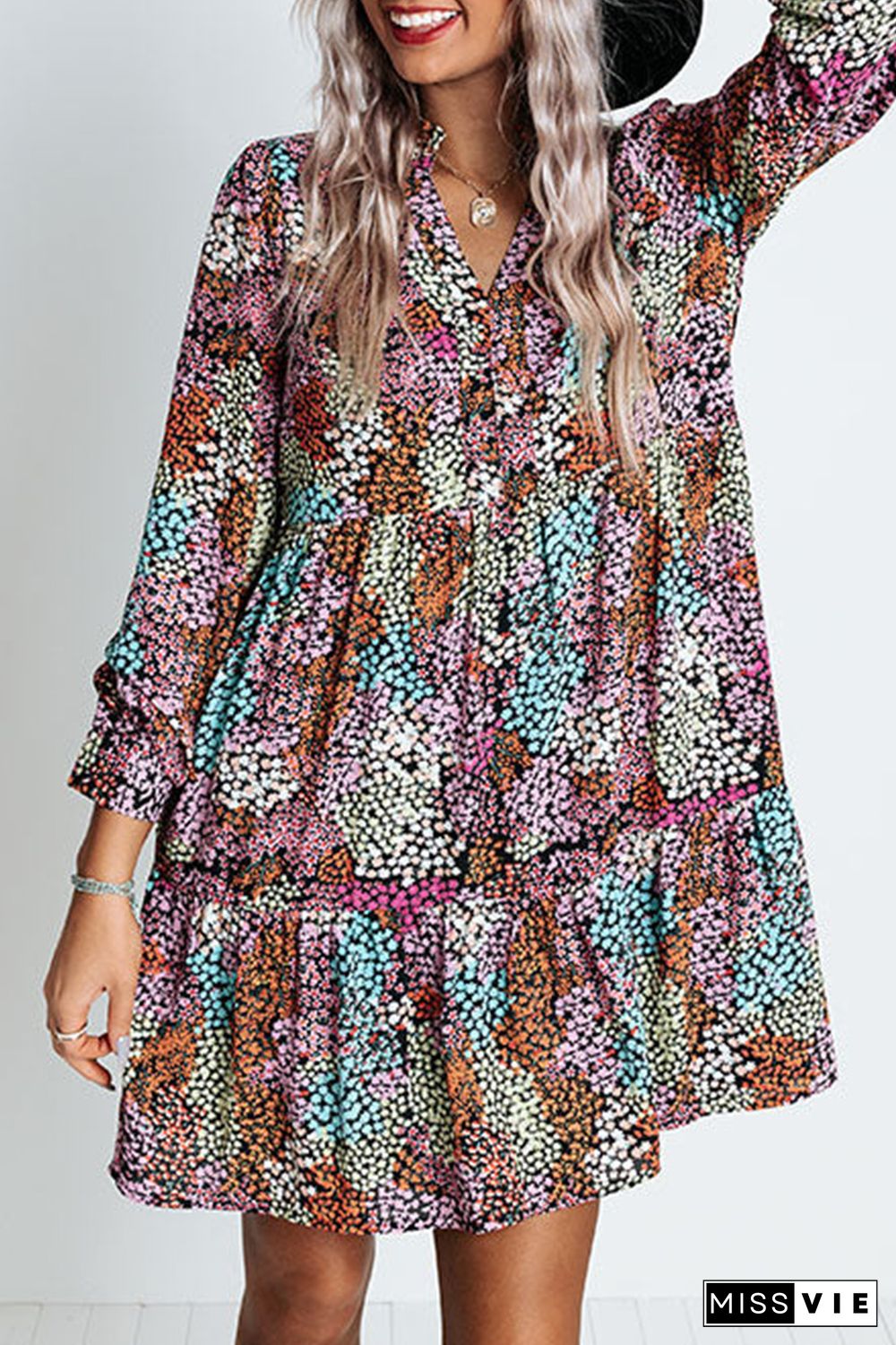 Multicolor Floral Print High Waist V Neck Shirt Dress