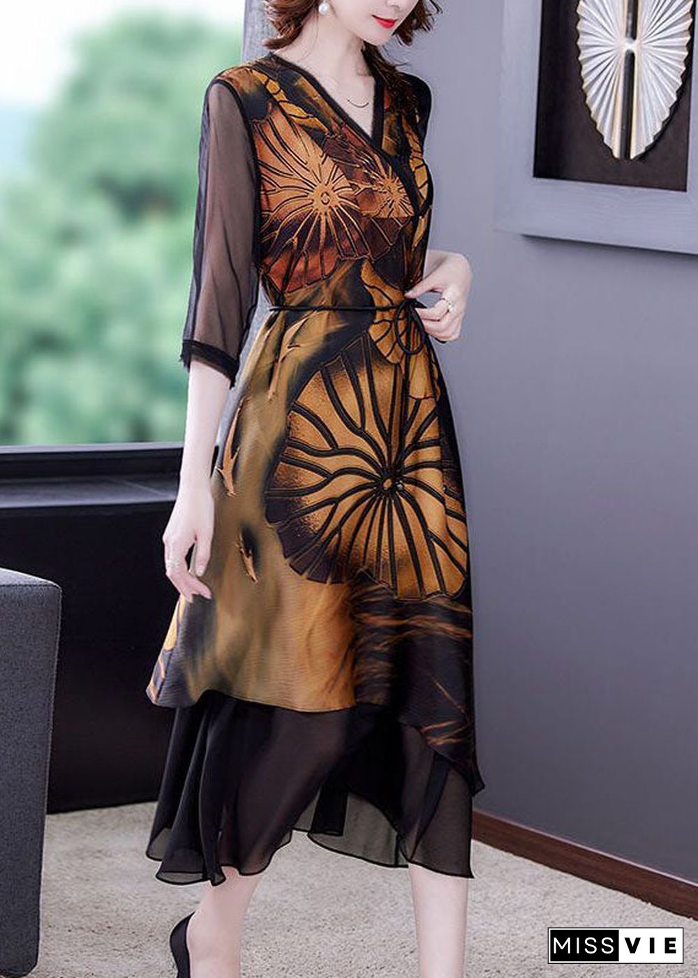 Women Black Asymmetrical Patchwork Print Silk Dress Summer