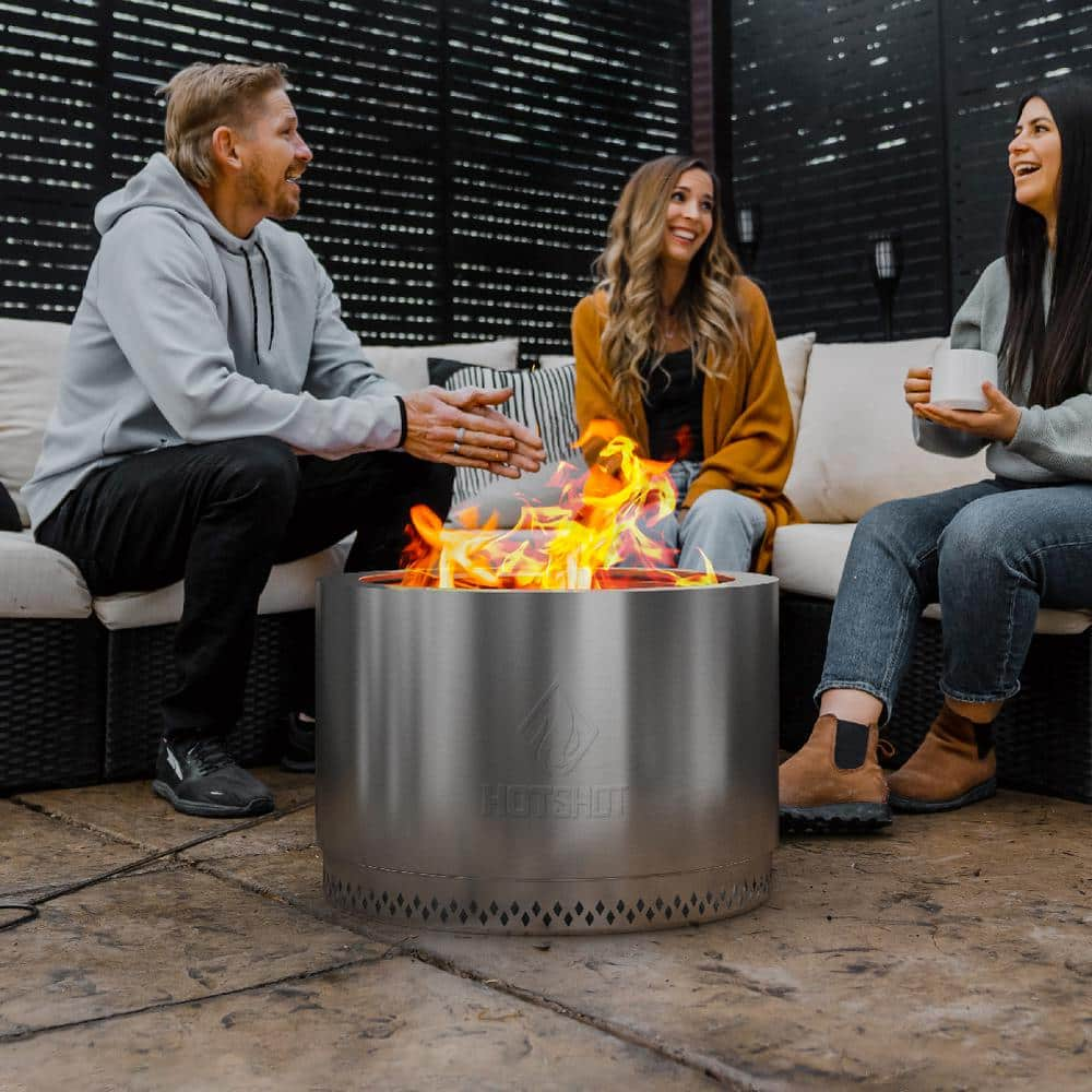 HotShot Homestead Low Smoke 25 in. Round Wood-Burning Fire Pit in Stainless Steel with Cover 52359