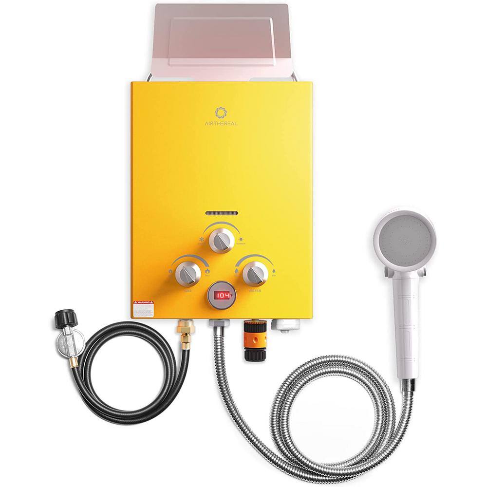 Airthereal 6L 1.58GPM Outdoor Portable Propane Gas Tankless Water Heater Use for Camping RV and Pet Bath Evenfall series Yellow EVF-6YL