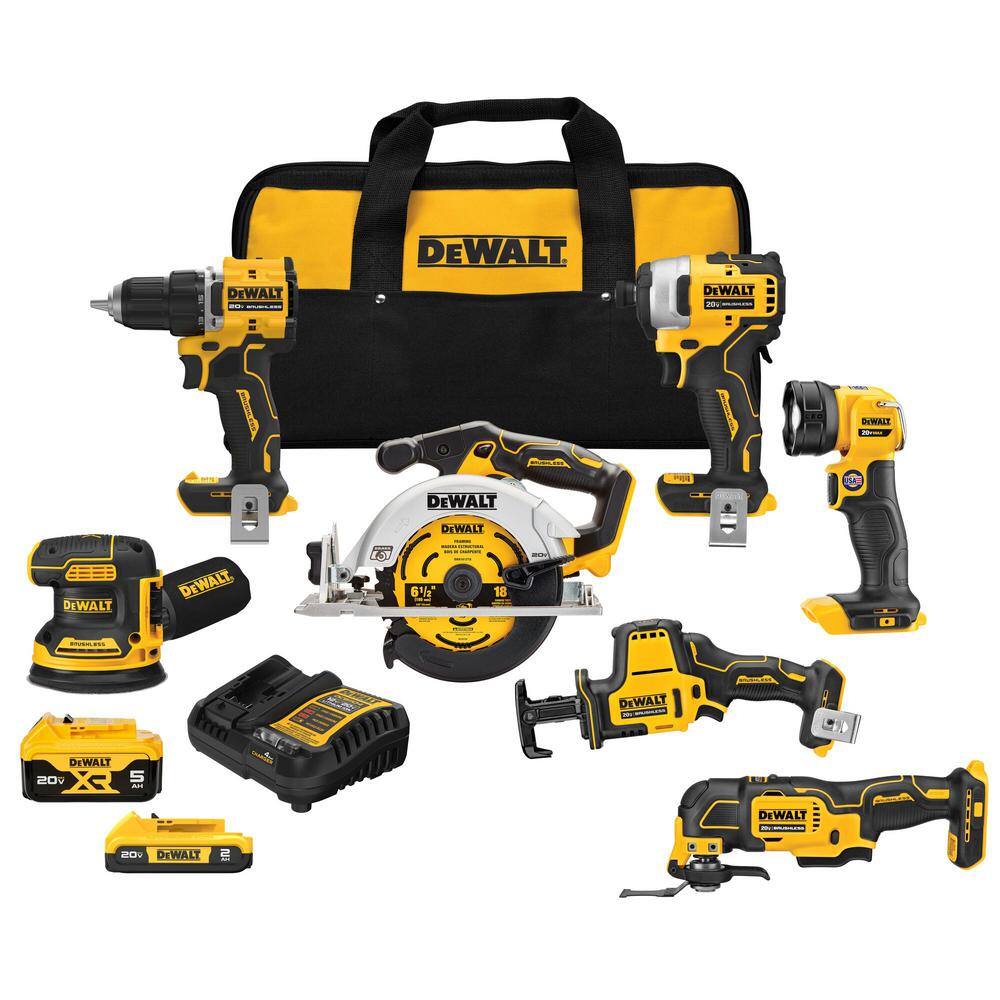 DW 20-Volt MAX Lithium-Ion Cordless 7-Tool Combo Kit with 2.0 Ah Battery 5.0 Ah Battery and Charger DCK700D1P1